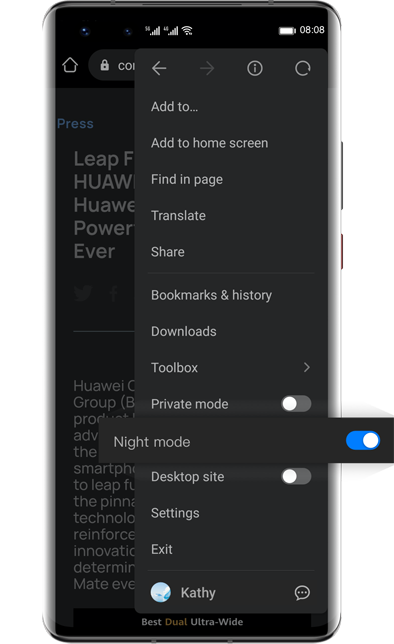 Huawei Browser- night mode, destop site, block image