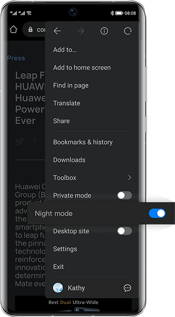 Huawei Browser- night mode, destop site, block image