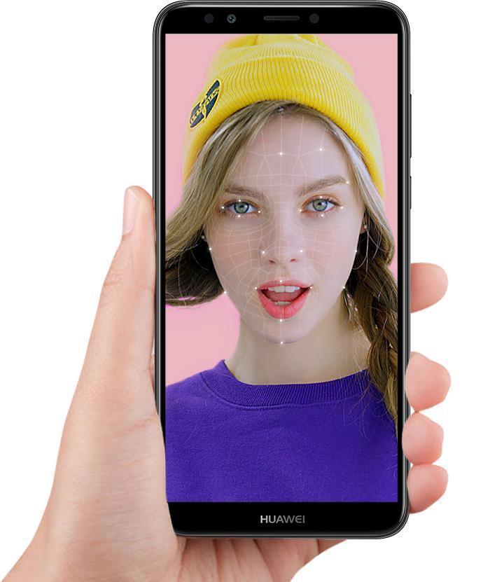 هاتف huawei y7 prime 2018 من الأمام باللون الأسود مع خاصية بصمة الوجه